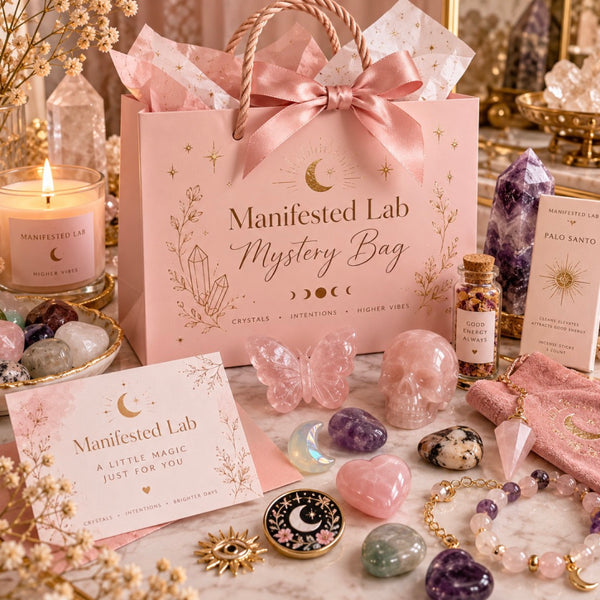Manifested Lab Mystery Bag with crystals, palo santo, jewelry and gifts