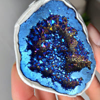 1pcs Natural Angel Aura Agate Geode Crystal Hole Mineral Specimen Contains Clean Clusters Electro Plating Titanium Coating