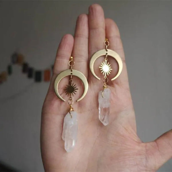 Arwen Sun&Moon White Crystal Quartz Hippie Earrings
